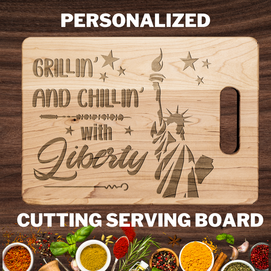 Cutting Board July 4 Grilling and Chilling with Liberty , Patriotic BBQ Serving Platter – Independence Day Kitchen Gift