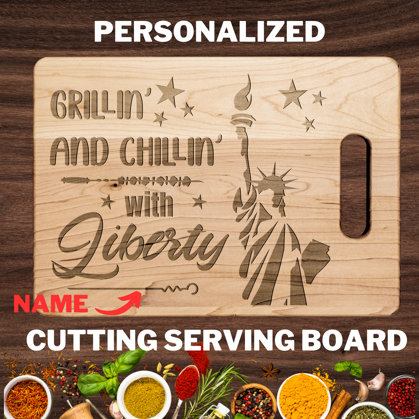 Cutting Board July 4 Grilling and Chilling with Liberty , Patriotic BBQ Serving Platter – Independence Day Kitchen Gift