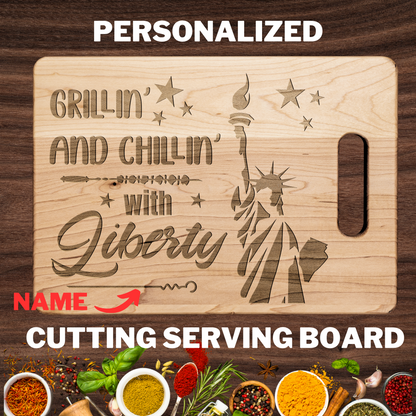Cutting Board July 4 Grilling and Chilling with Liberty , Patriotic BBQ Serving Platter – Independence Day Kitchen Gift