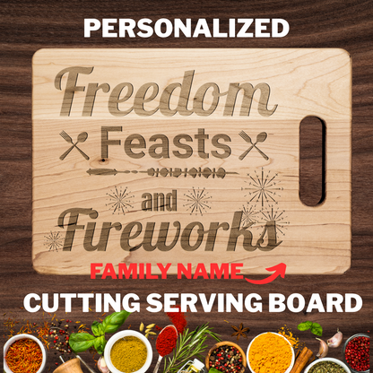 Cutting Board, Freedom Feasts & Fireworks 4th of July Wooden BBQ & Charcuterie Serving Board, Patriotic Independence Day Kitchen Decor